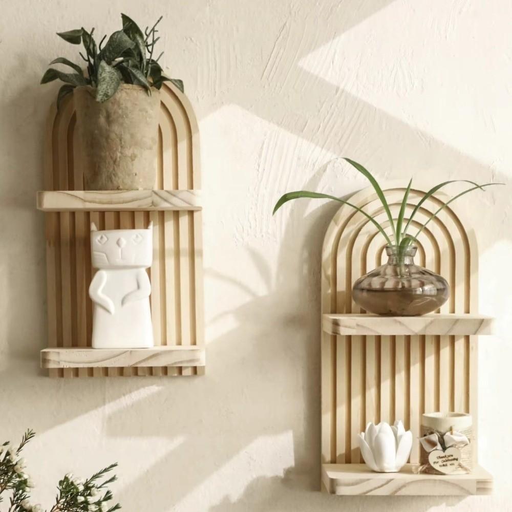 Oval Threaded Arched Floating Shelf Natural Artistic Wooden Stand Boho Style Rack  Plant Decorative