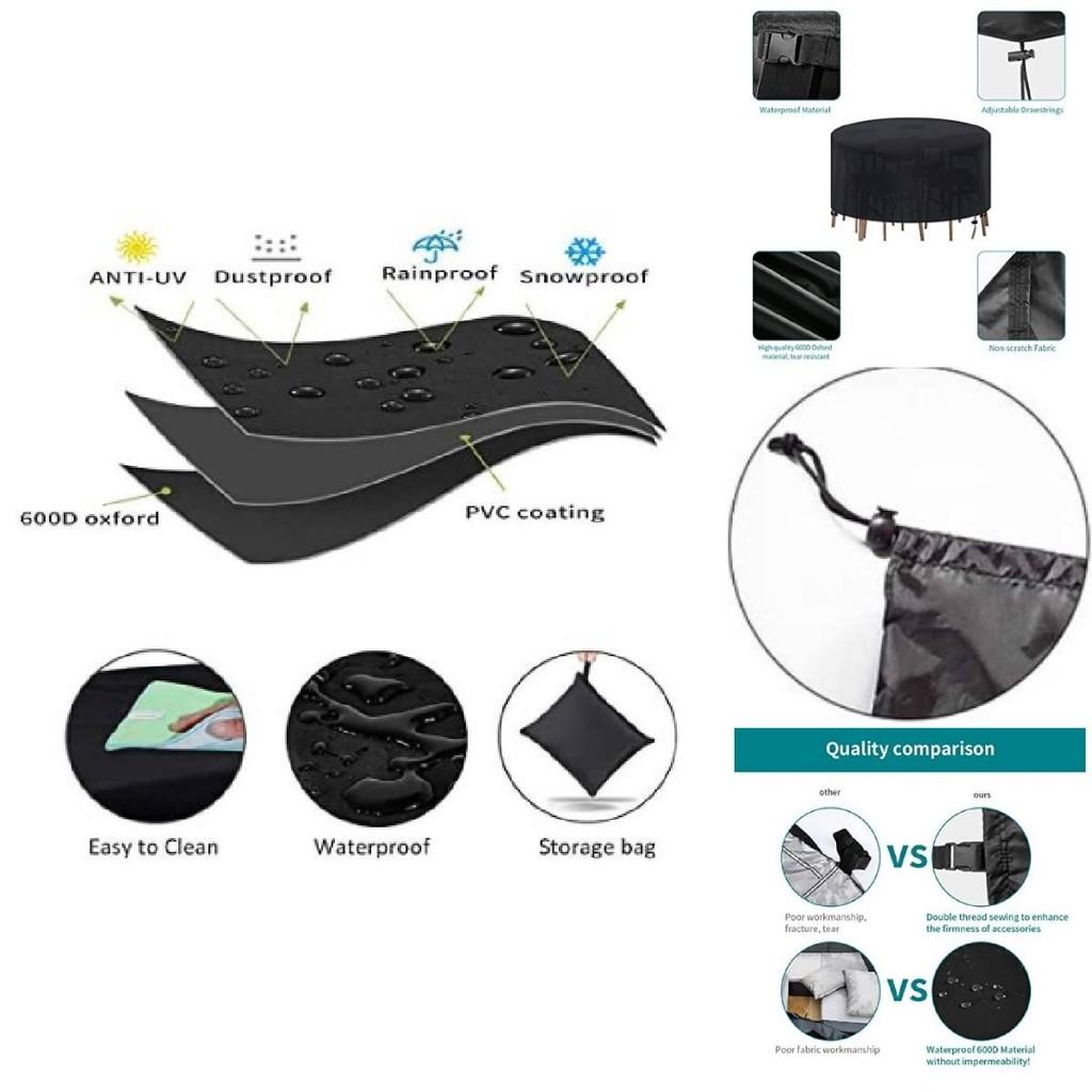 Round Outdoor Furniture Cover Waterproof Dustproof Garden Table Chair Protector Black 210d Oxford Fabric