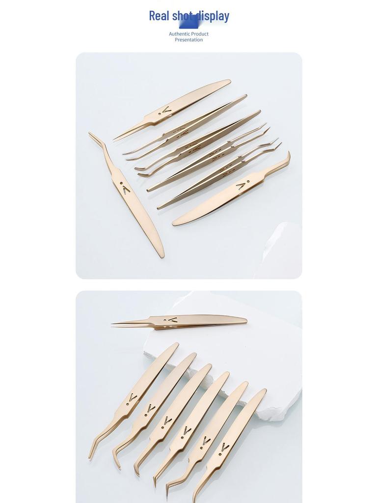 Gold Feather Stainless Steel Eyelash Tweezers Set - Heat-Treated Precision Beauty Tools