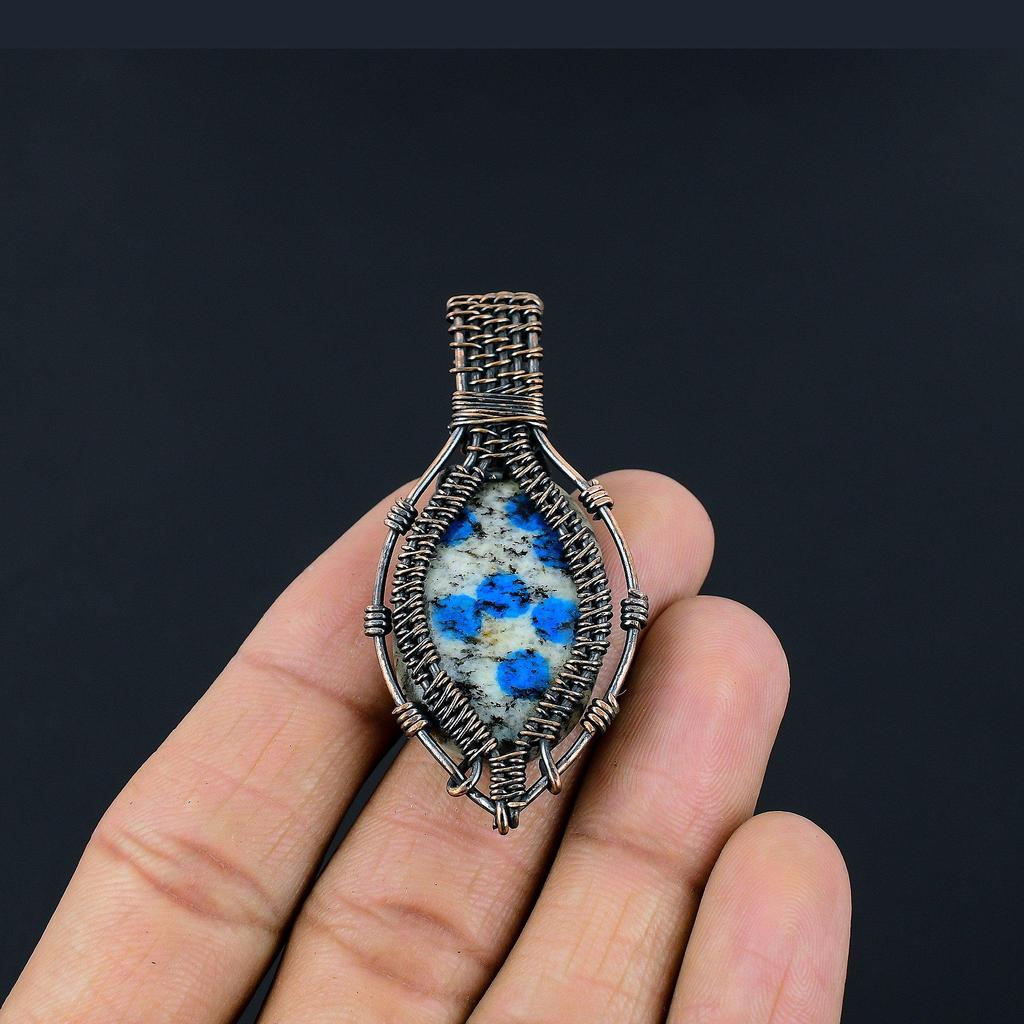 K2 Azurite Pendant, 999 Copper Wire Wrapped Gemstone Jewelry, Handmade Pendant, For Thanksgiving