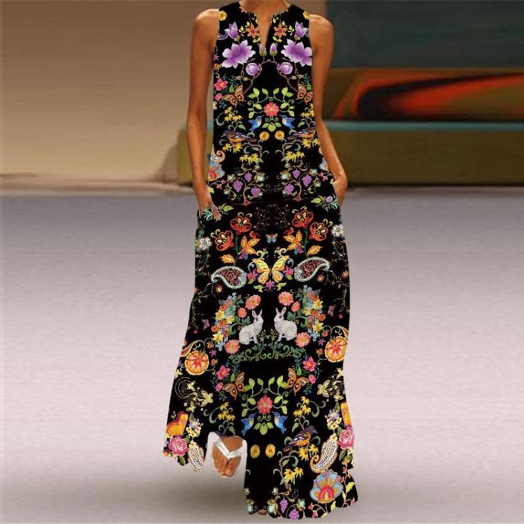 Women's Printed Sleeveless V Neck Summer Maxi Dress