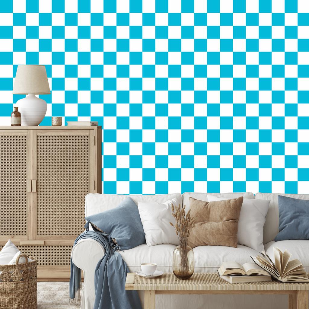 Checkerboard Wallpaper Turquoise and White for Living Room and Bedroom 50x1000