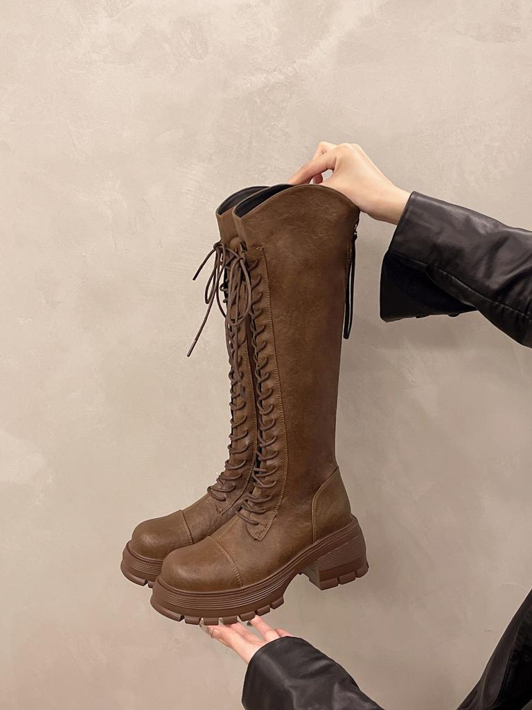 Thick-soled heightening boots women's new lace-up knee-length rider boots high-top slimming temperament boots for women in the fall of 2025