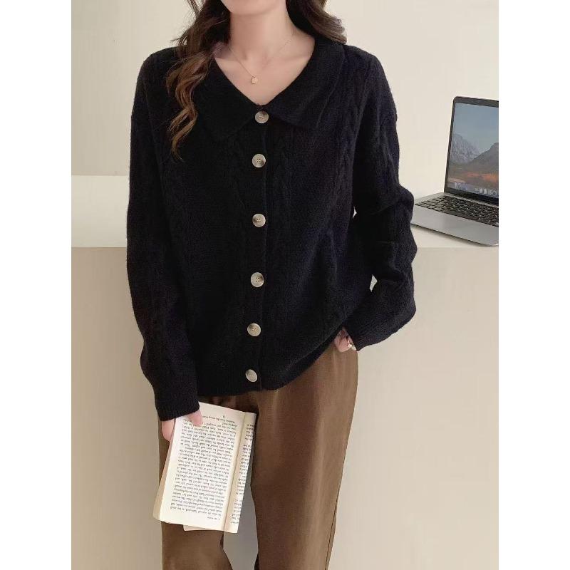 

Lapel solid color knitted cardigan women s autumn and winter new loose and versatile casual sweater jacket women One size чёрный