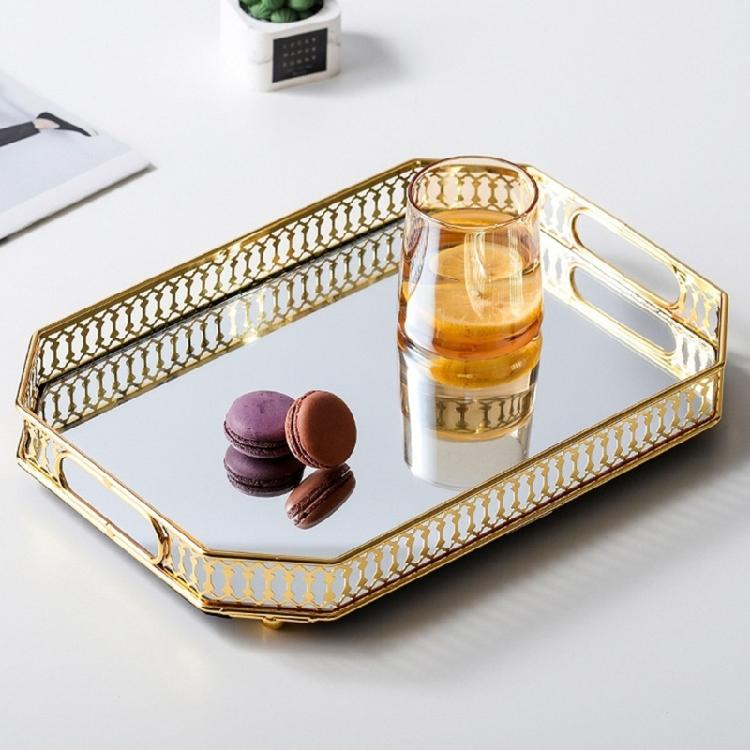 Gold Trimmed Glass Cosmetic Storage Tray Elegant Makeup Perfumes Organizer Metal Construction Display Plate