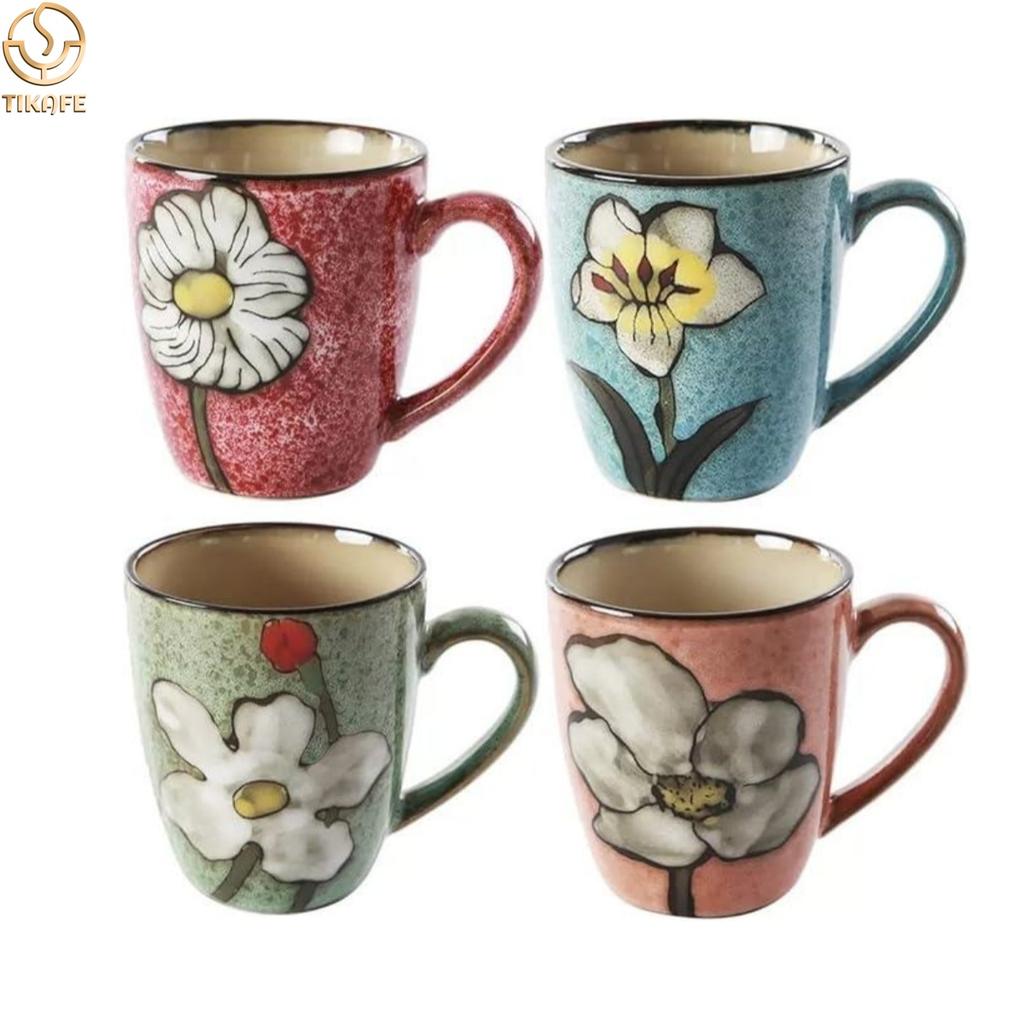 Vintage Floral Ceramic Water Mugs,12oz Hand-painted Coffee Mugs with Handle, Microwave & Dishwasher Safe