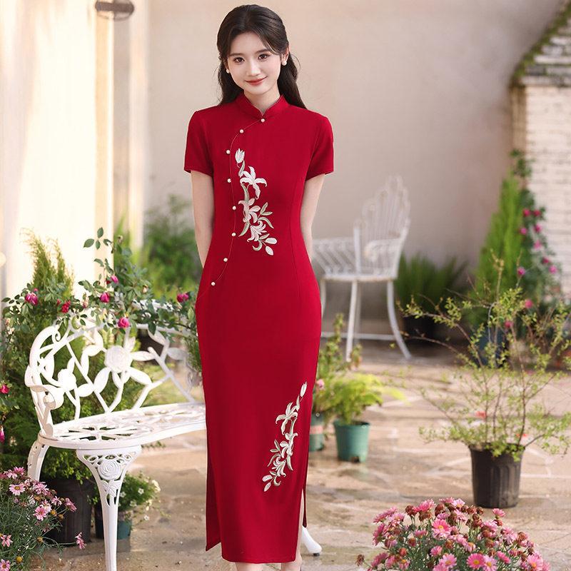 Red is sent to test the national style, new Chinese style, daily Suzhou long cheongsam, improved young 1011 new women's high sense