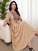 Middle Eastern Ethnic Embroidered Tassel Dress, Plus Size, Three-Quarter Sleeve, Over-the-Knee, Slimming Fit, Hides Flaws