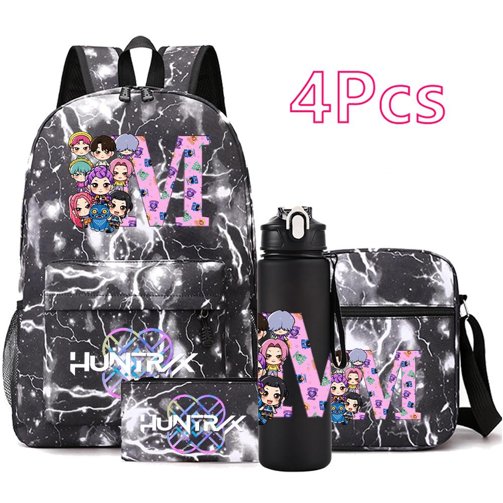 4Pcs/set 26 English Letter KPop Printed Backpack with 750Ml Water Bottler for Teenager Student Girl Boy Bookbag Kid Gift Large Capacity Travel Bag