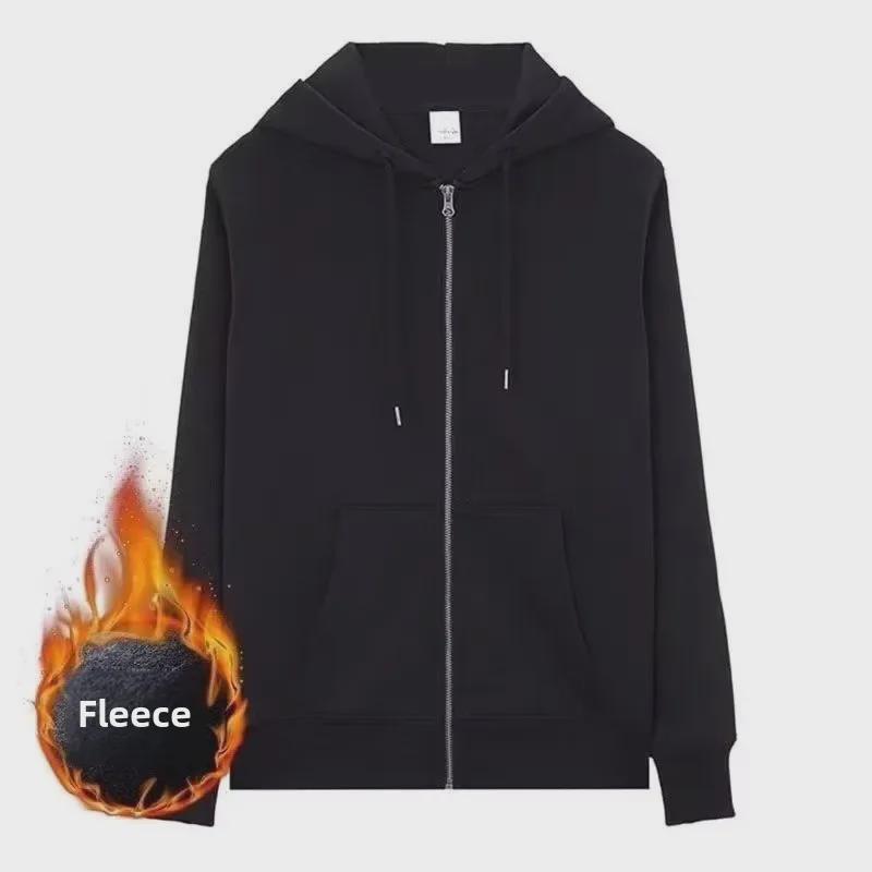 Men's Autumn and Winter Solid Color Zipper Hoodie: Plus Velvet Cardigan Sweatshirt