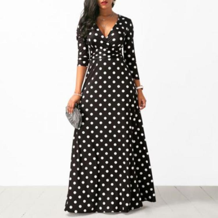 Elegant Polka Dot Long Maxi Sundress for Women 3/4 Sleeve Beach Party Evening Holiday Dress
