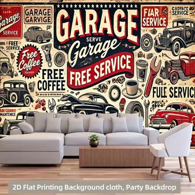 2D Vintage Garage Service Tapestry Retro Classic Car Mechanic Wall Hanging for Man Cave