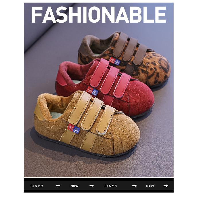 Children's fleece-lined cotton shoes, new autumn and winter models, girls' soft-soled leather panel shoes, boys' Velcro casual shoes, warm