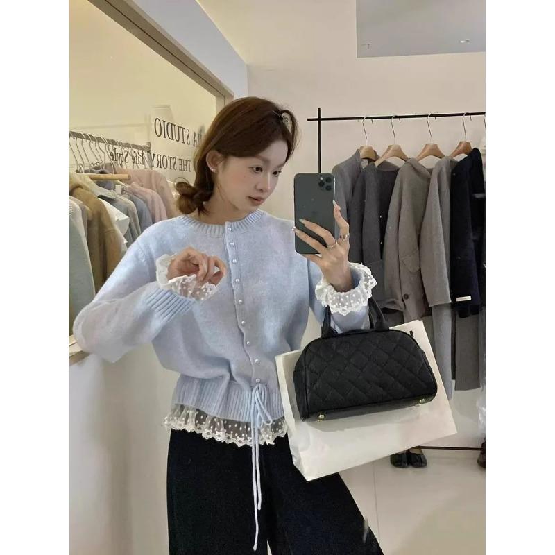 

Корейская мода Свитшот с круглым вырезом Сладкий кружевной пояс Заправленный свитер Весенне-осенний вязаный кардиган Свободный облегающий топ Элегантные повседневные куртки Одежда на шнуровке One size светло-синий