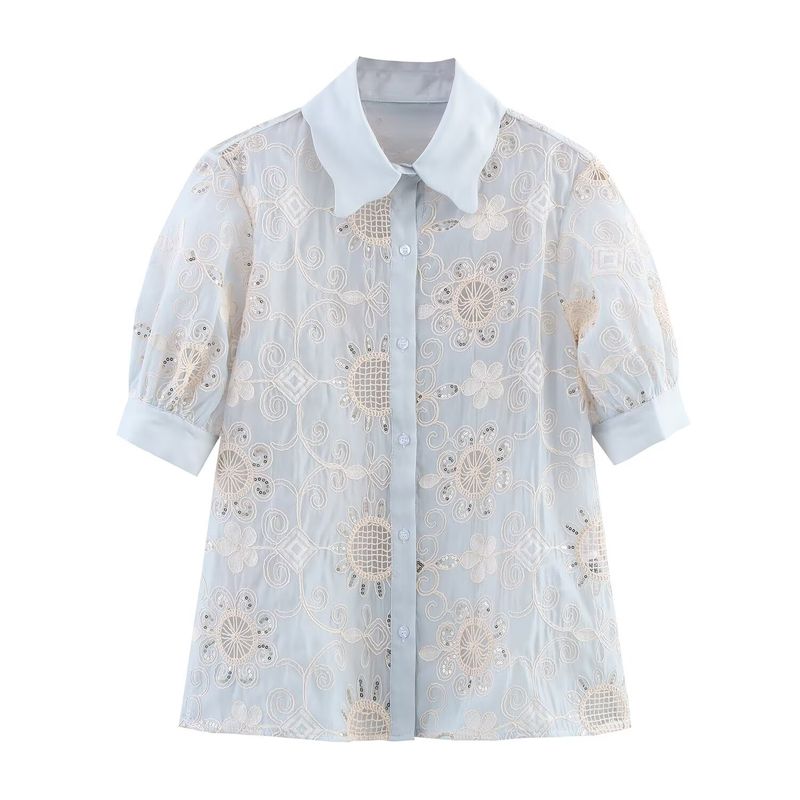 

Kaslead New Women clothes Western Style Fashion Simple and Versatile Sequined Embroidery Short sleeve Shirts Picture Color L