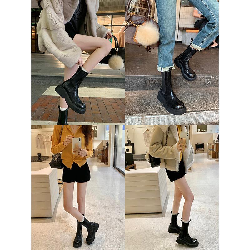 Cowhide version~ New platform-soled Chelsea short boots women's round head elastic band thick heel medium tube Martin boots