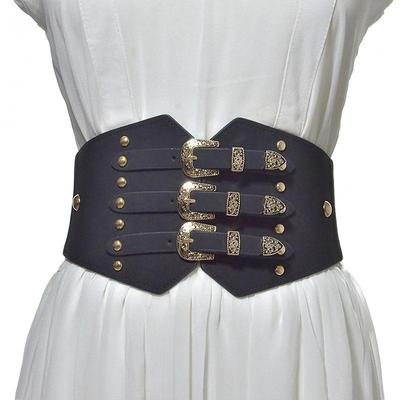 Women's Retro Pattern Faux Leather Belt with Rivet Pin Buckle, Versatile Wide Waistband Accessory