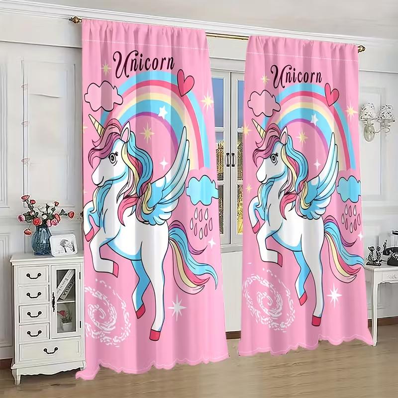 2PCS Rainbow Unicorn Curtain with Rod Bag Design for Privacy Protection   Suitable for Various Decorative Scenarios
