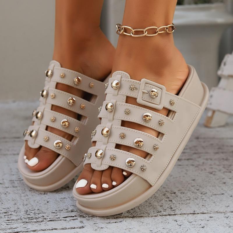 Fashion Riveted Platform Slippers Summer New Versatile Outwear Round Toe Cutout Breathable Metal Buckle Platform Flats