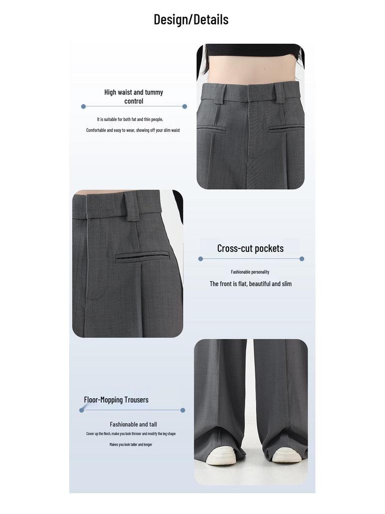 2025 High Waist Slim Straight Women's Floor-Length Drape Pants - Spring & Autumn Wide-Leg Suit Style.