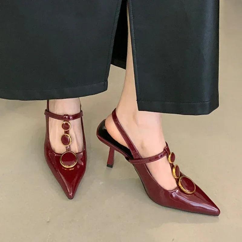 Fashion Sexy Thin High Heels Women Designer T-Strap Banquet Dress Shoe Button Hollow Pointed Toe Office Pumps Female Brand Sandals Women