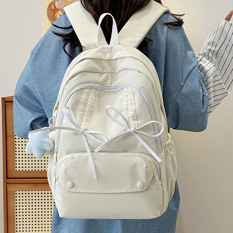 Schoolbag Women's Green Campus School Bag Girls College Students Pleated Drawstring Bow Backpack Junior High School Students Cute Lightweight Travel Backpack