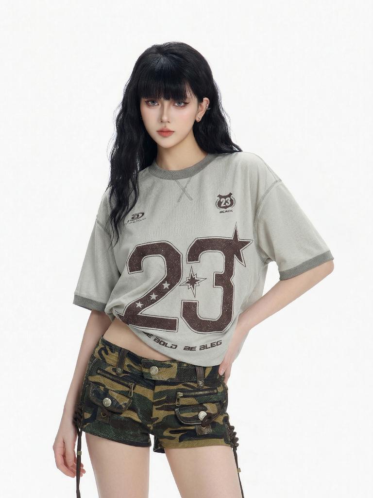 Women's Loose Versatile American Retro Short-Sleeve Top with Digital Printing for Casual Wear