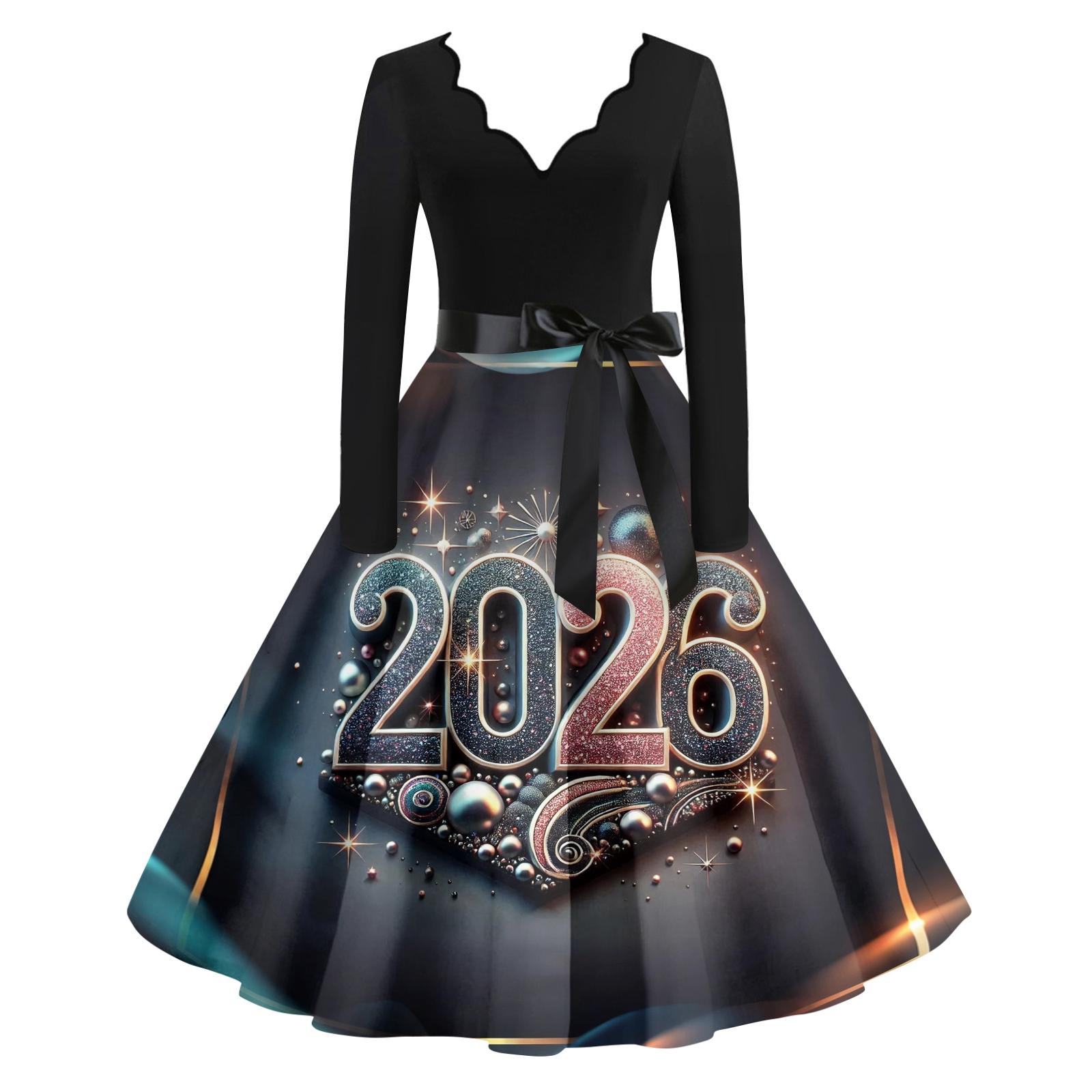 

Женское повседневное модное платье винтажного стиля с V-образным вырезом и новогодним принтом M синий