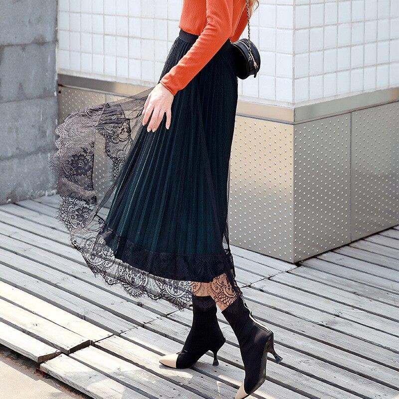 Fusta de vară cu talie înaltă din dantelă pentru femei, la modă, de culoare solidă, pe ambele părți, poartă fuste pentru femei, ocazional elegant, plisat, fustă lungă pentru damă 24936