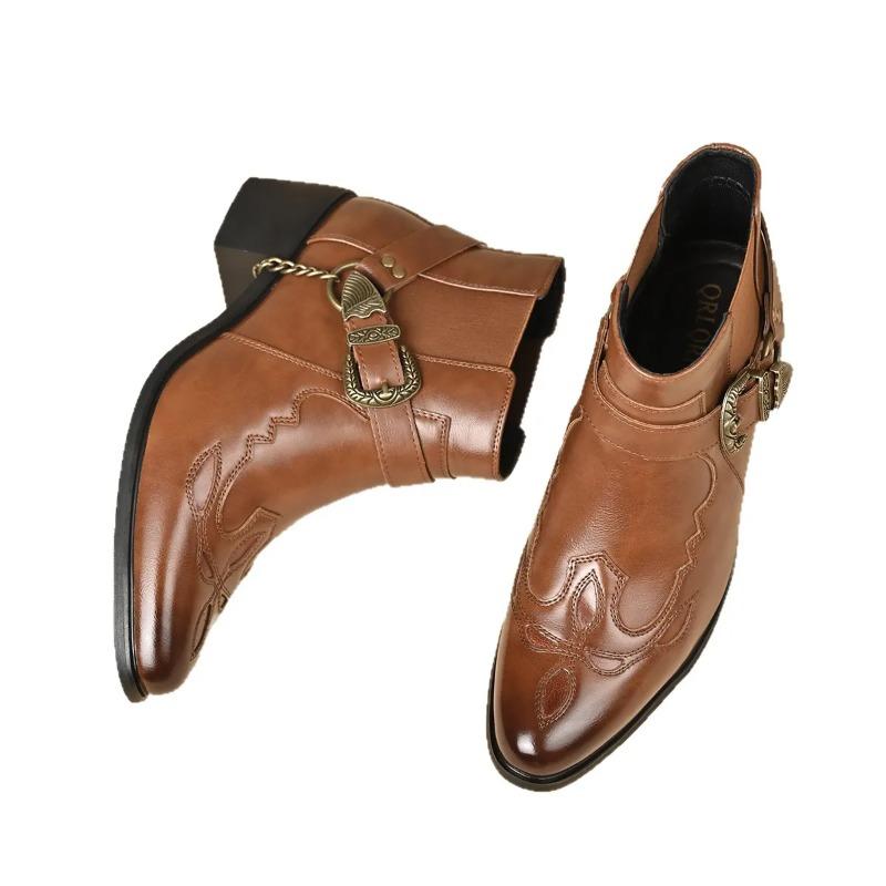 Stivali da Cowboy Vintage alla Moda da Uomo in Pelle con Cinturino Alto a Fibbia a Catena Scarpe a Punta Stivaletti da Motociclista da Uomo