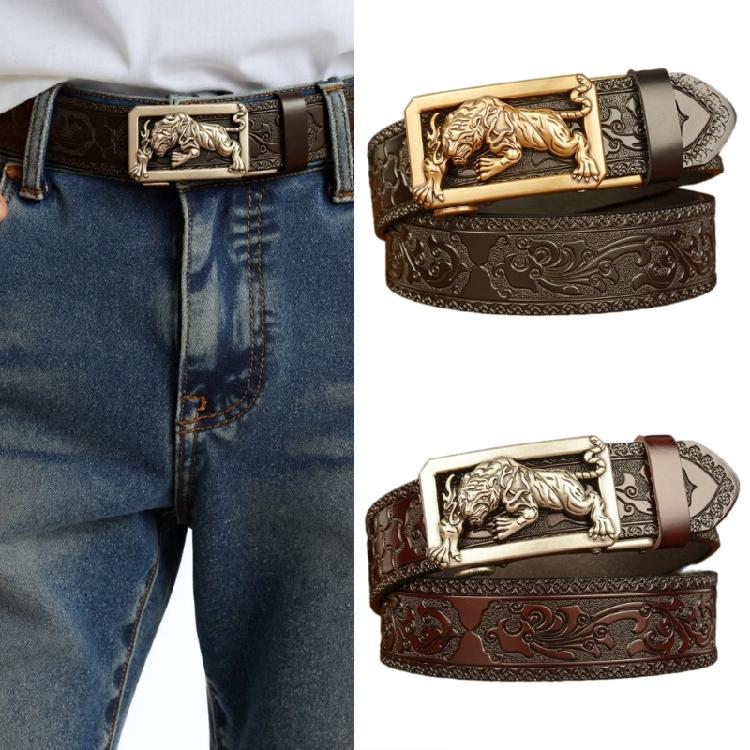 Classical Men Leather Belt with Convenient Automatic Buckle and Carved Beast Buckle Chinese Beast Head