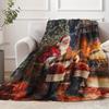 Christmas Santa Claus Holly Print Flannel Throw - Cozy Holiday Design Blanket for Naps Travel Home Decor, Festive Gift