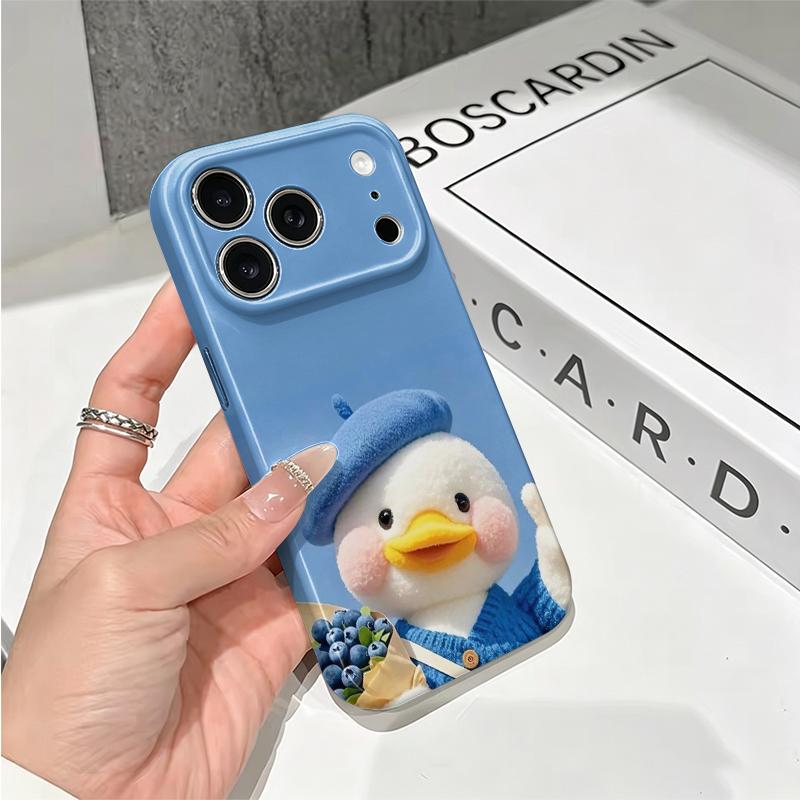 Adorable Fluffy Furry Beret Duck Blueberry Thumb Graphic Art Film Aesthetic Protective Shockproof Bumper Case For iPhone 14 15 16 Pro Max Plus