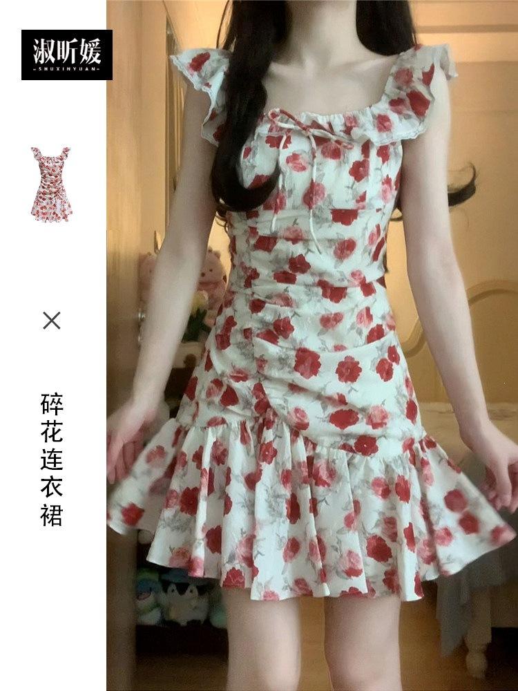 French vacation style red vacation white retro floral dress waist thin summer beautiful small fly sleeve skirt