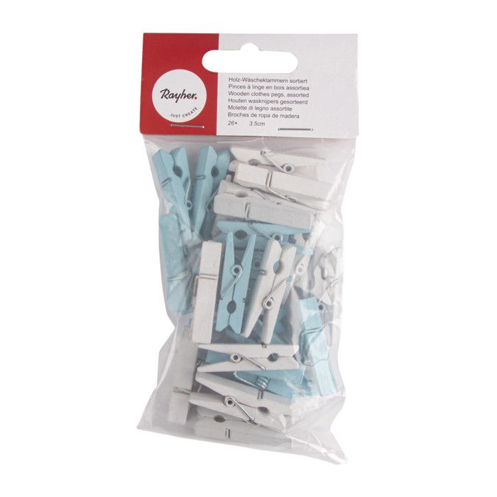 Pinces à linge en bois assorties , bleu clair, blanc, 35mm, 26 pces