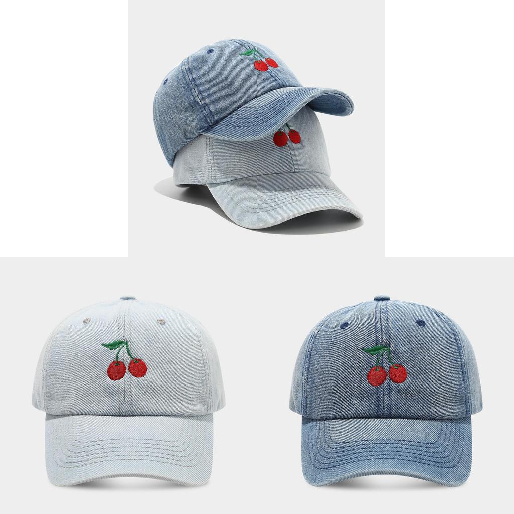 Cherry Embroidered Denim Baseball Cap For Women With Sun Protection And Breathability