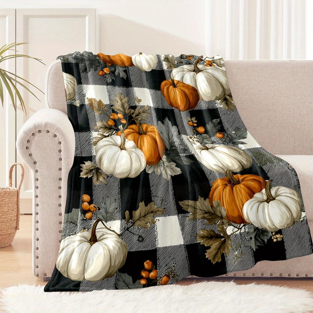 1pc Room Decoration Blanket, Pumpkin, Grid, Leaf Pattern Flannel Blanket jack-o'-lanterns Festive Halloween