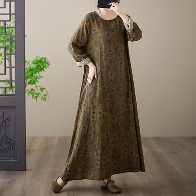 Plus Size Cotton Linen Printed Round Neck Long Sleeve Holiday Dress for Women
