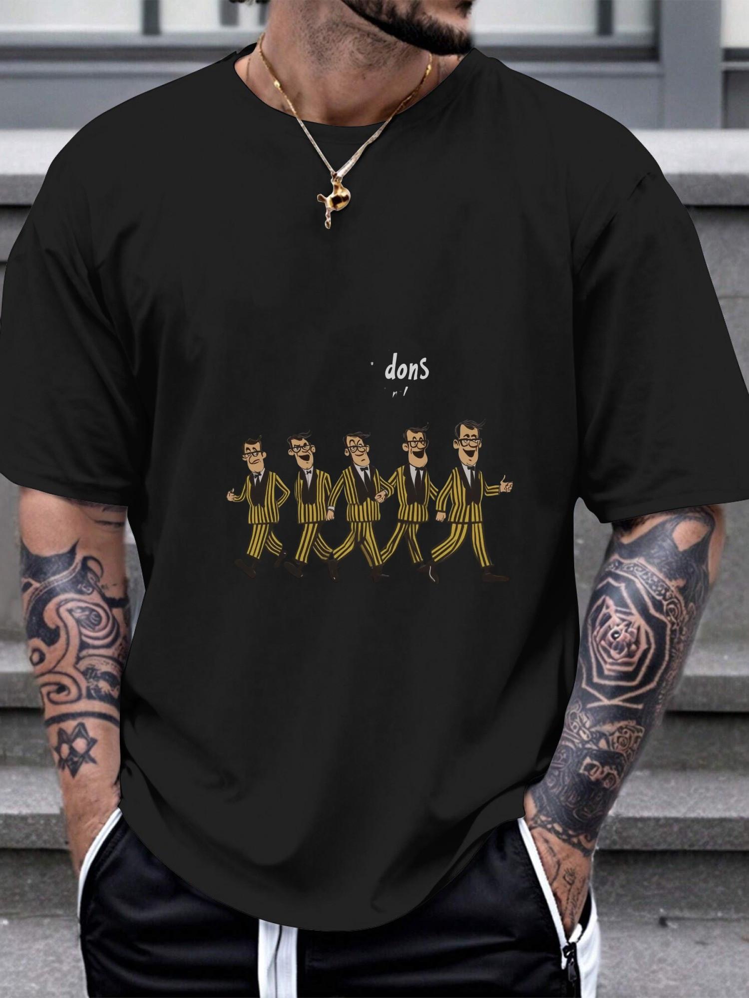 1pc Cartoon Striped Walking Characters with Glasses Graphic T-shirt - 180g Cotton Crew Neck Short Sleeve S