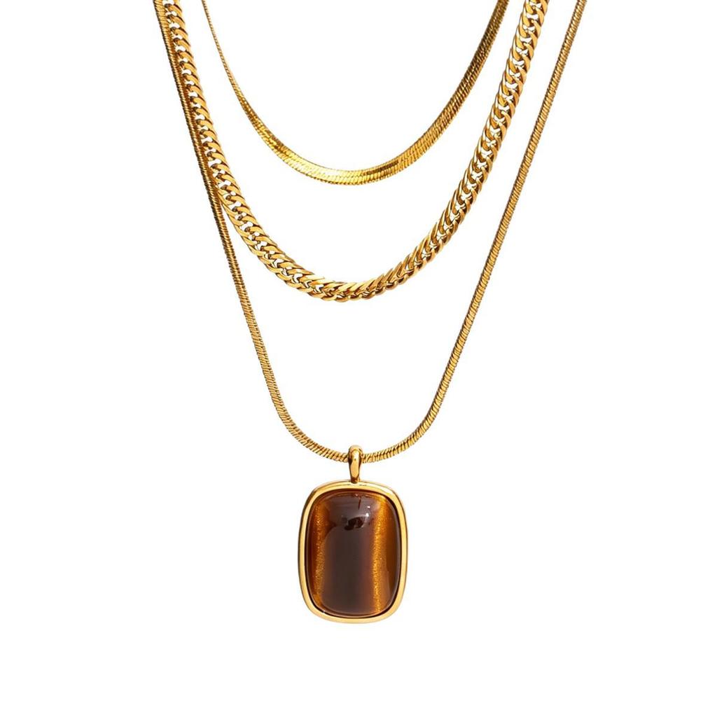 Geometric Tiger Eye Stainless Steel Necklace Set - Retro Style Women's Clavicle Chain