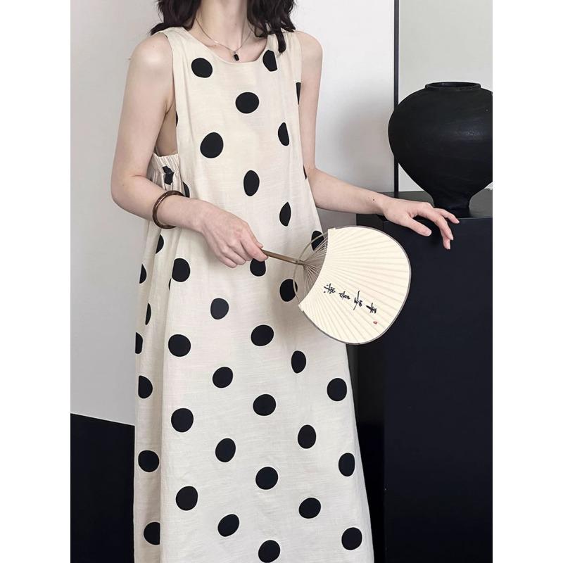 Light-colored Sleeves Cut, Shoulders Dug, Polka Dots Cotton and Linen Vest, Dress Forwomen,simple and generousKorean Atmosphere, Old Money Style Skirt