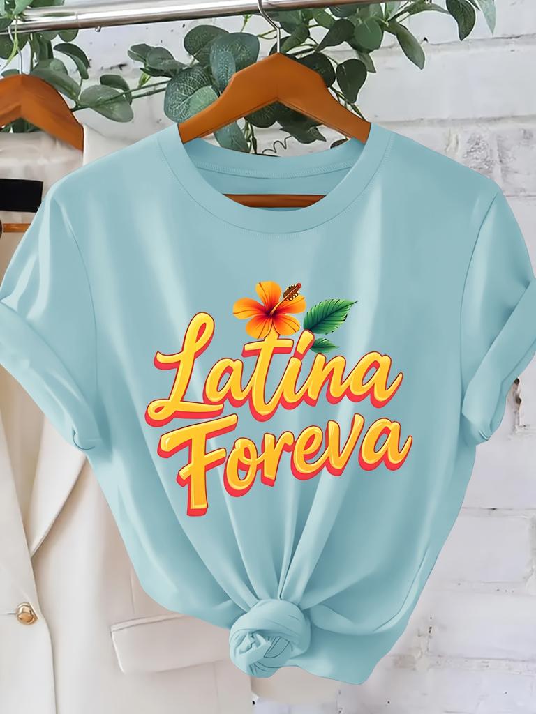 Latina Foreva Text Printed Womens Tshirt American Retro Outdoor Style Round Neck Short Sleeved Casual Top