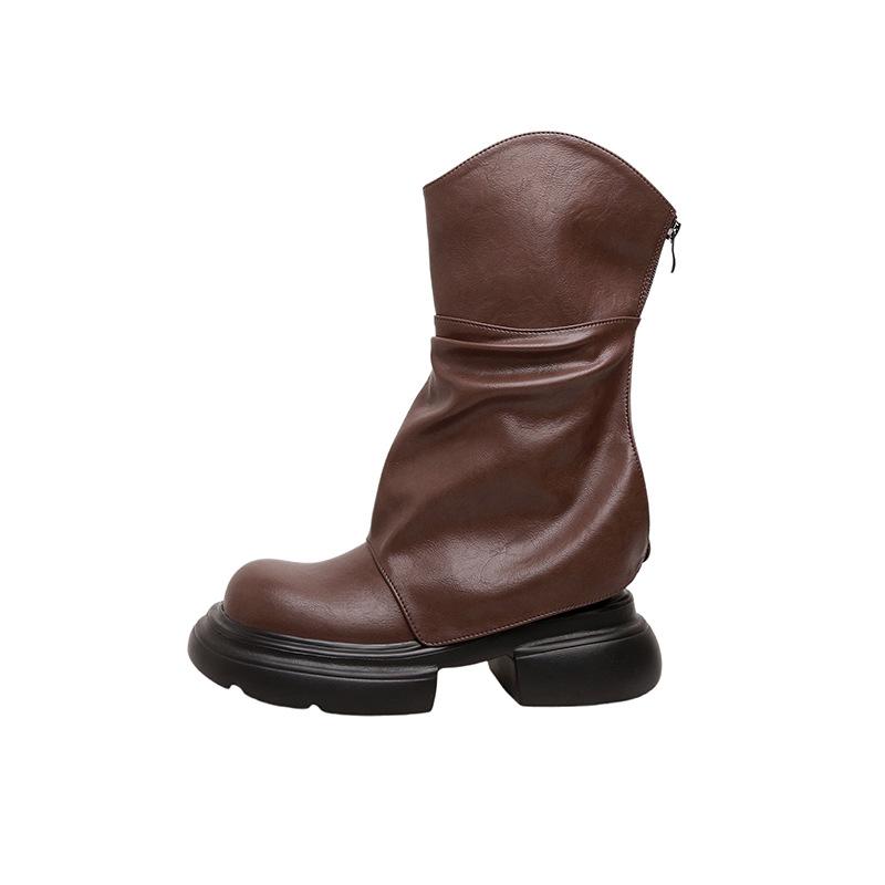 New spot short boots women's 2025 autumn and winter new thick-soled pleated medium tube pants boots heightening stacking boots retro