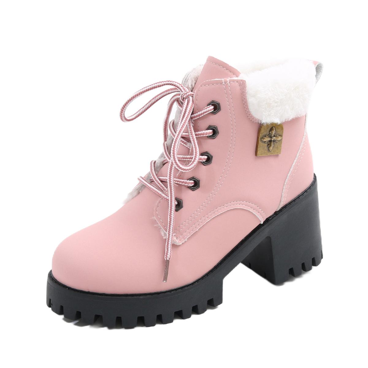 

Plus Size Block Heel Booties Women s Fall/Winter New Round Toe Lace up Platform Non Slip High Heeled Cotton Shoes Comfortable Soft Sole Non slip Desi 36