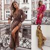 Women's European Style Floral Print V-neck Sexy Slit Long Sleeve Dress, Casual Party Long Dress for Ladies