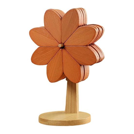 5Pcs/Set Wooden Coasters Set with Stand Pinwheel Shape Changeable Design Heat-resistant Coasters Kitchen Dining Decor