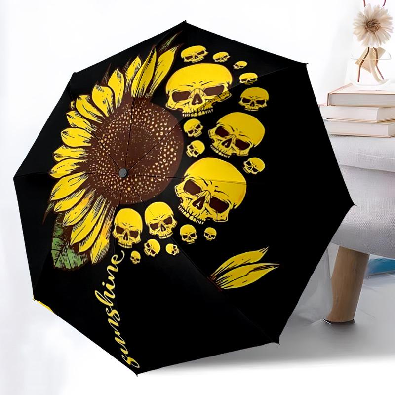 1pc Sunflower Skulls Automatic Open/Close Umbrella, Windproof, Folding Compact Umbrella with Lightweight Design for Women/Men072