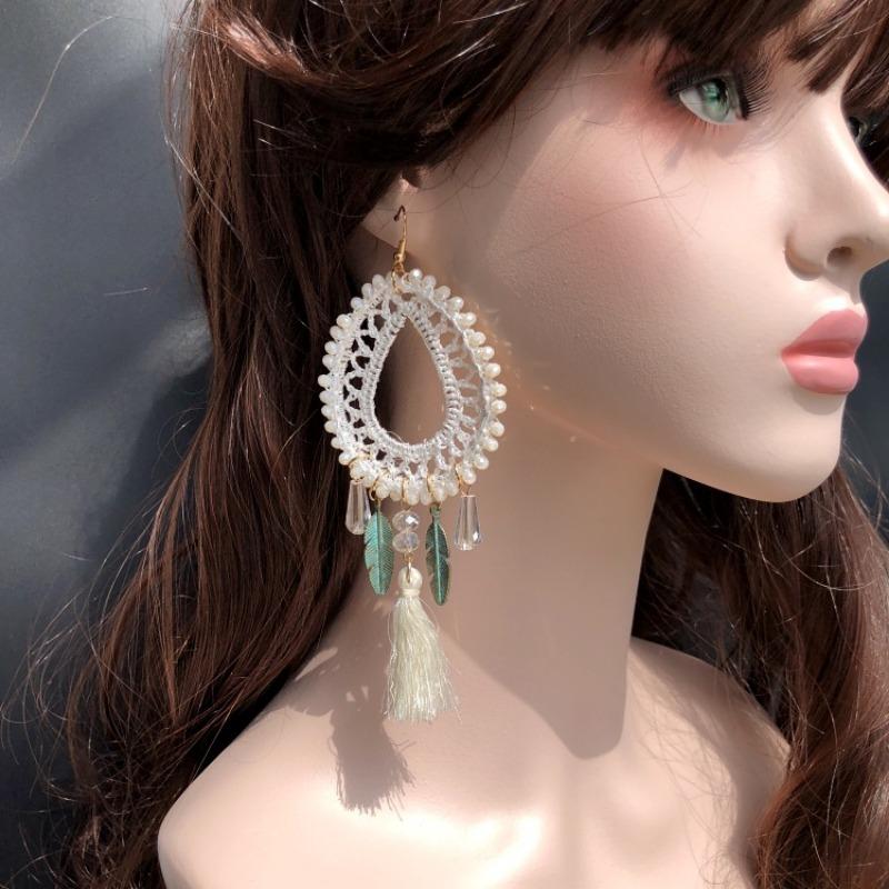 Bohemian crystal dream catcher net element feather earrings women's retro exaggerated temperament long fringed vacation earrings