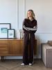 Completo casual da donna con bordi in pizzo, colletto ripiegabile, maniche lunghe e pantaloni per Primavera/Autunno