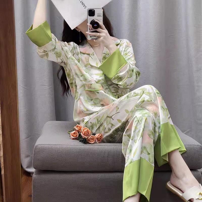 Silk Pajamas Women's Long Sleeve Cardigan Long Pants Pajamas Set Printed Kawaii Clothes Home Clothes